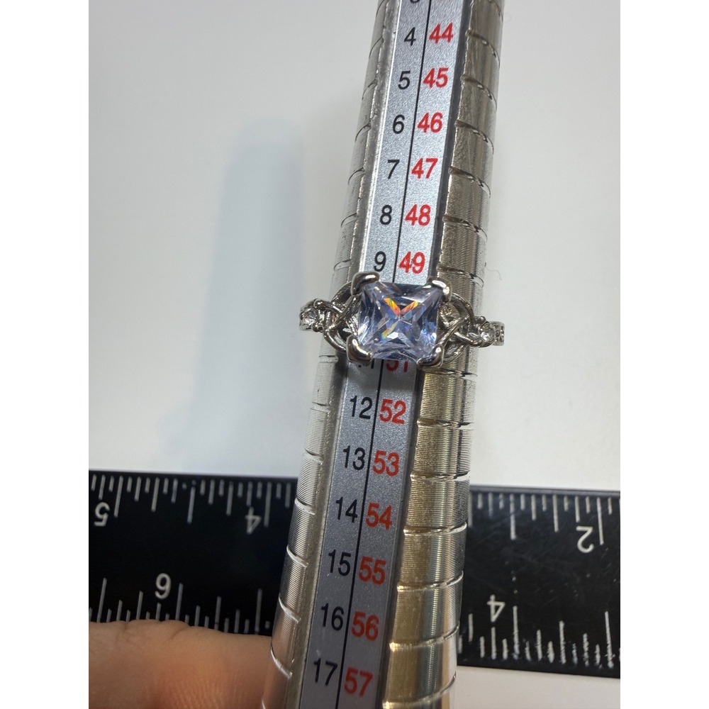 Silver Tone Square Cut Clear Stone Ring Intricate Band Size 5.25 Statement